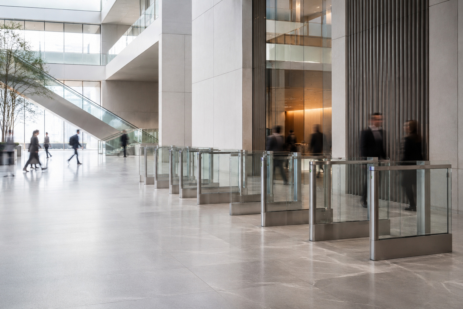 Corporate HQ lobby with speed gates — open yet fully secure