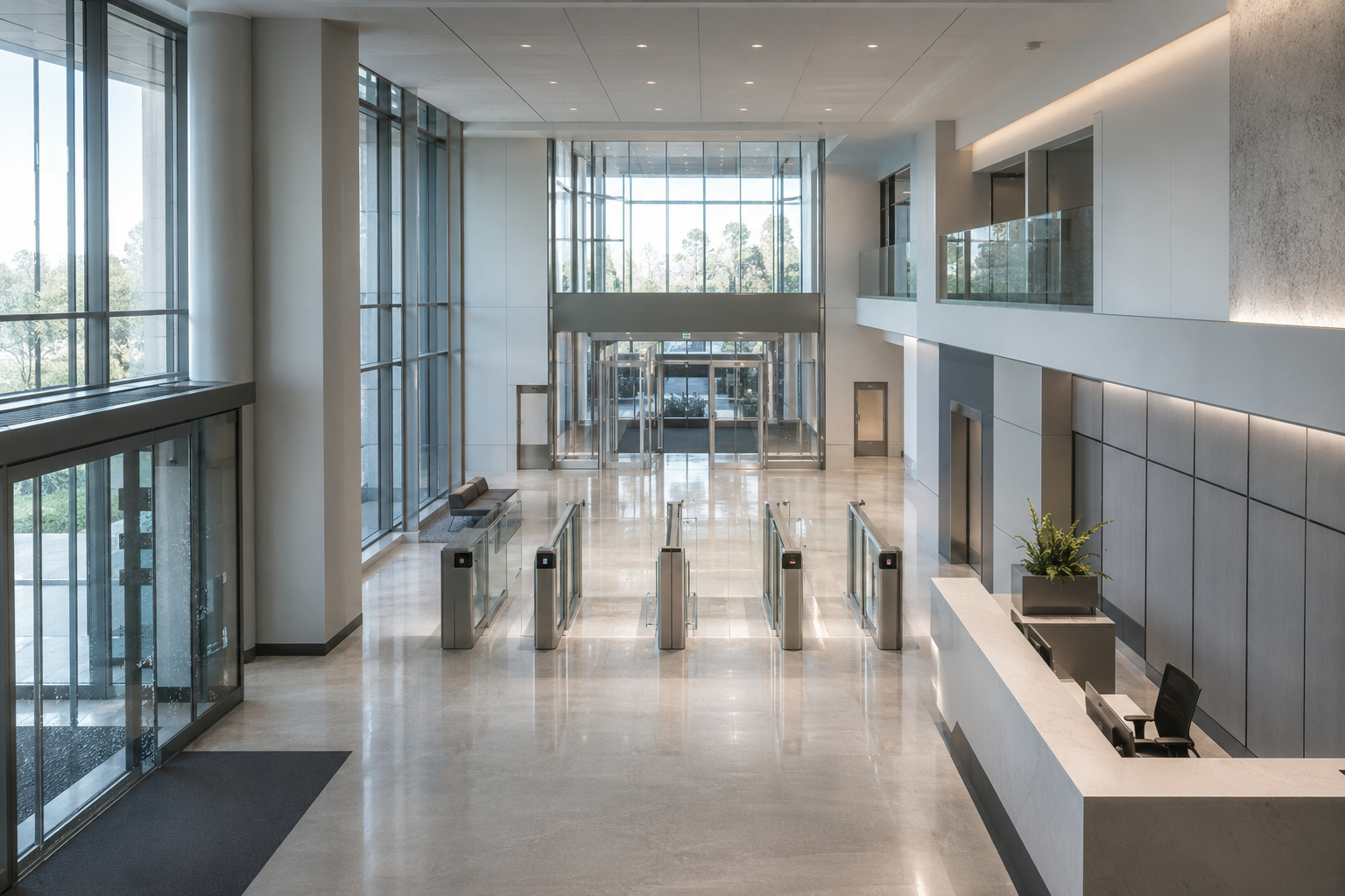 Wide view of a corporate lobby showing multiple access points