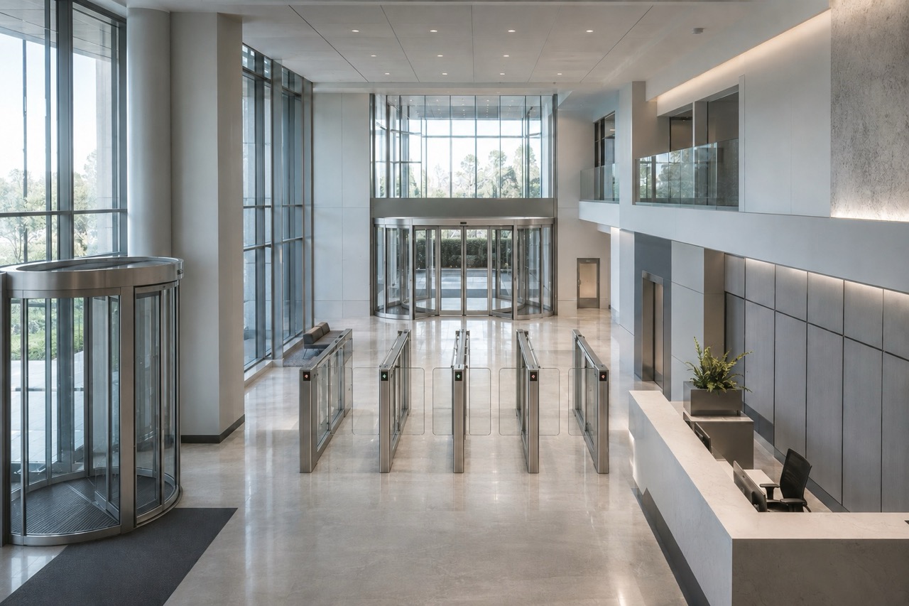 Wide view of a corporate lobby showing multiple access points