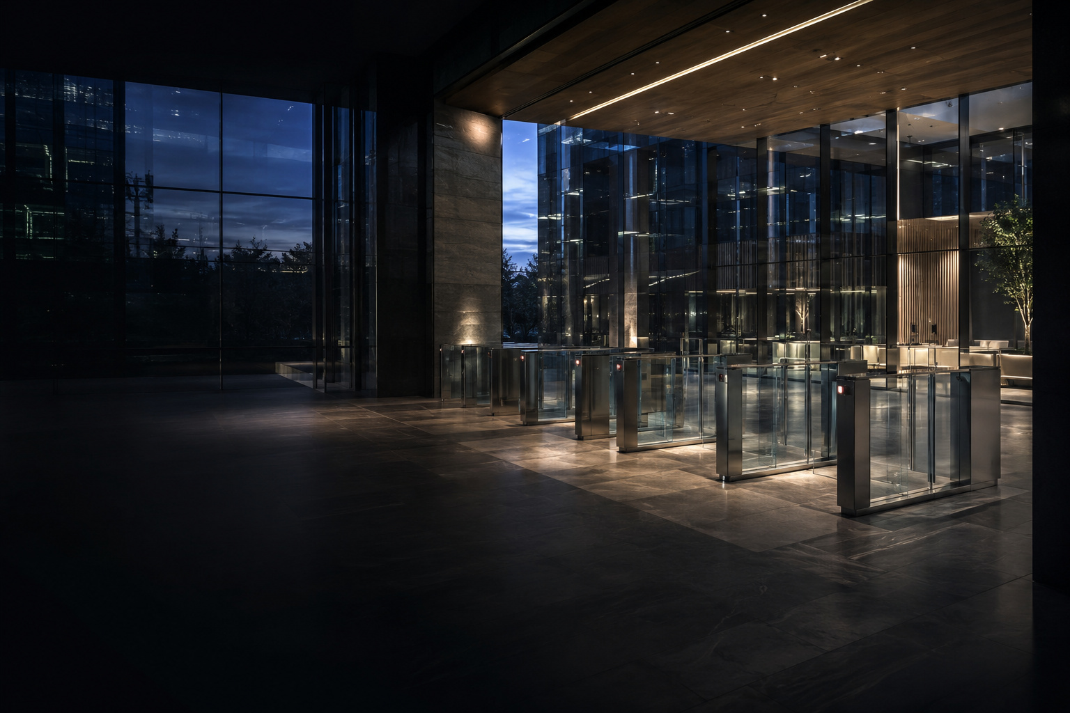 Glass-and-steel corporate lobby at dusk with illuminated speed gates