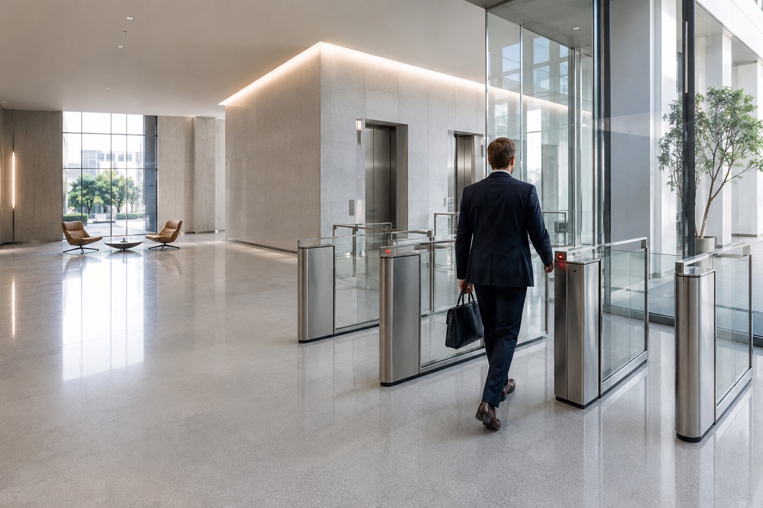 SlimLane speed gates in a premium corporate lobby in daylight, a person passing through