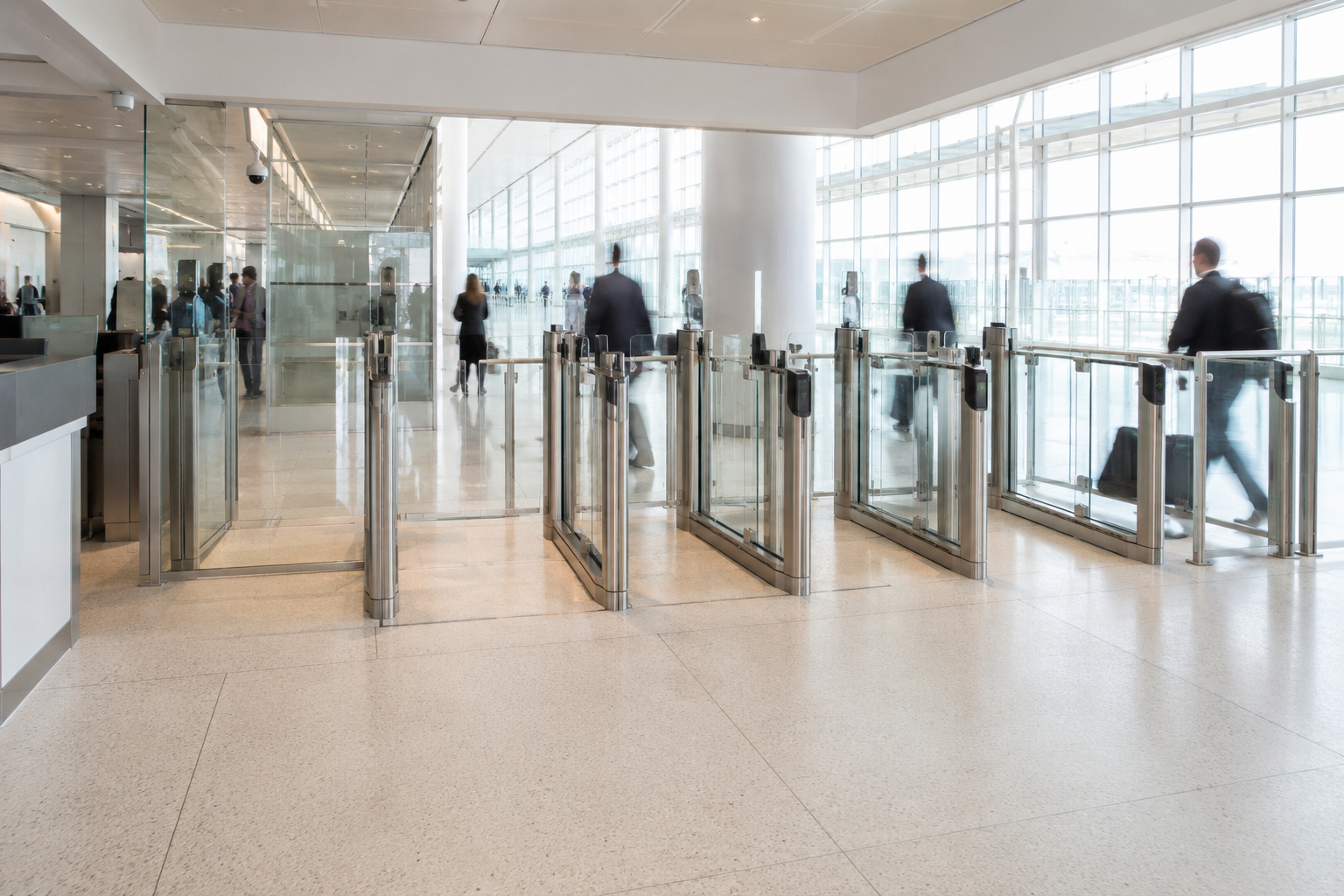 Passenger access control gates in a modern airport terminal