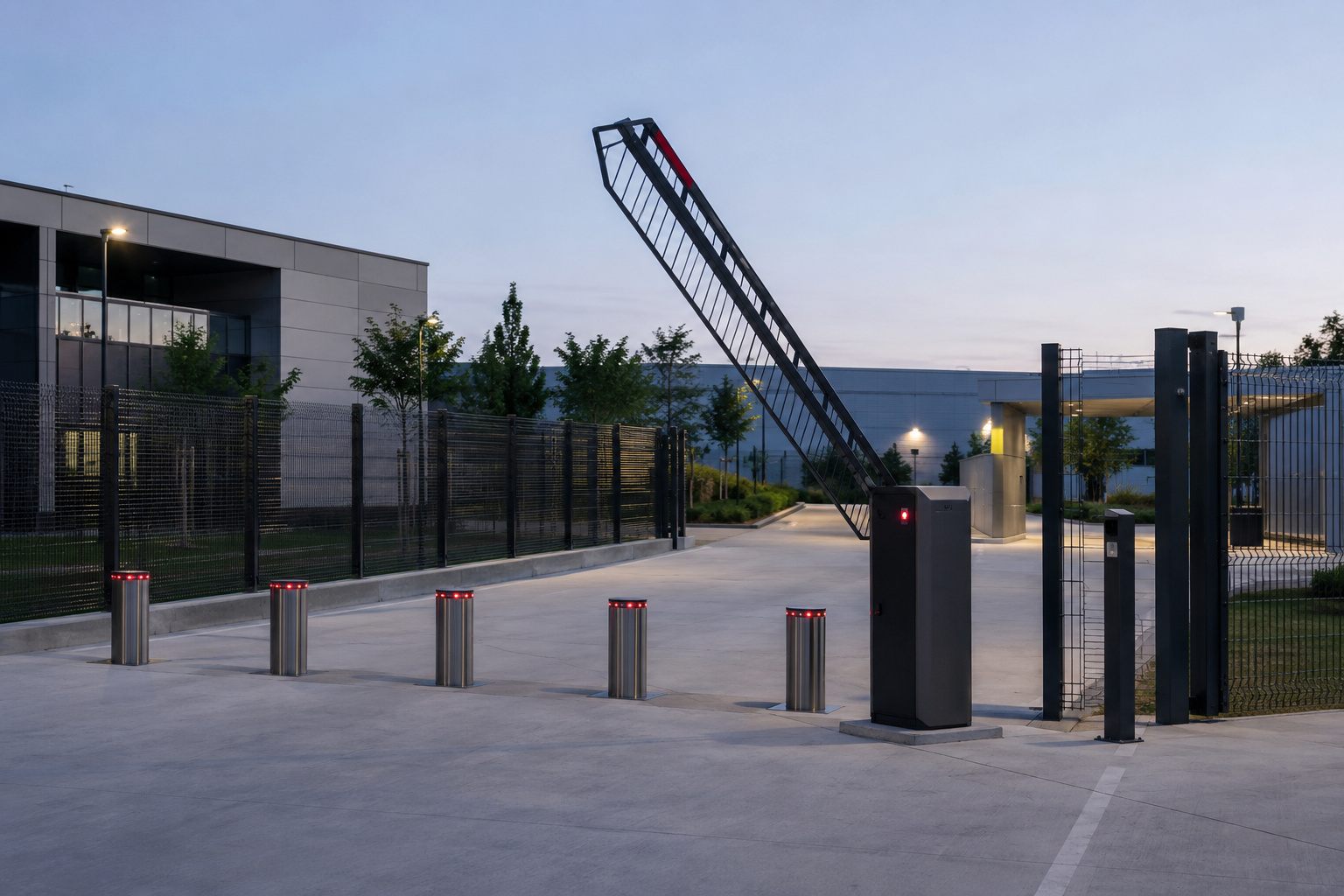 Vehicle barrier and bollards protecting a sensitive site perimeter at dusk