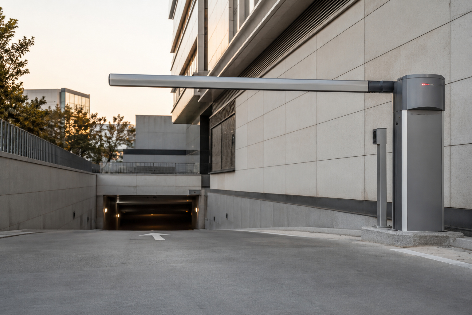 Automatic vehicle barrier at a modern parking entrance