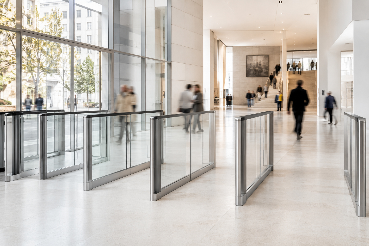 Wide accessible access lanes in a bright public building entrance