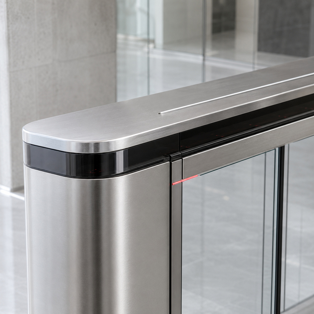 Close-up of a SlimLane speed gate: brushed metal cap, glass panel and sensor band
