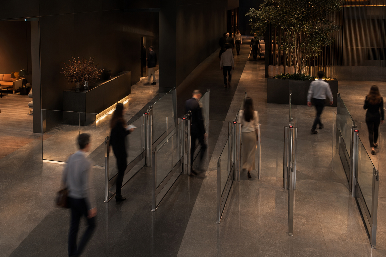 A diverse, multi-generational flow of people moving naturally through several glass speed gates in a busy lobby