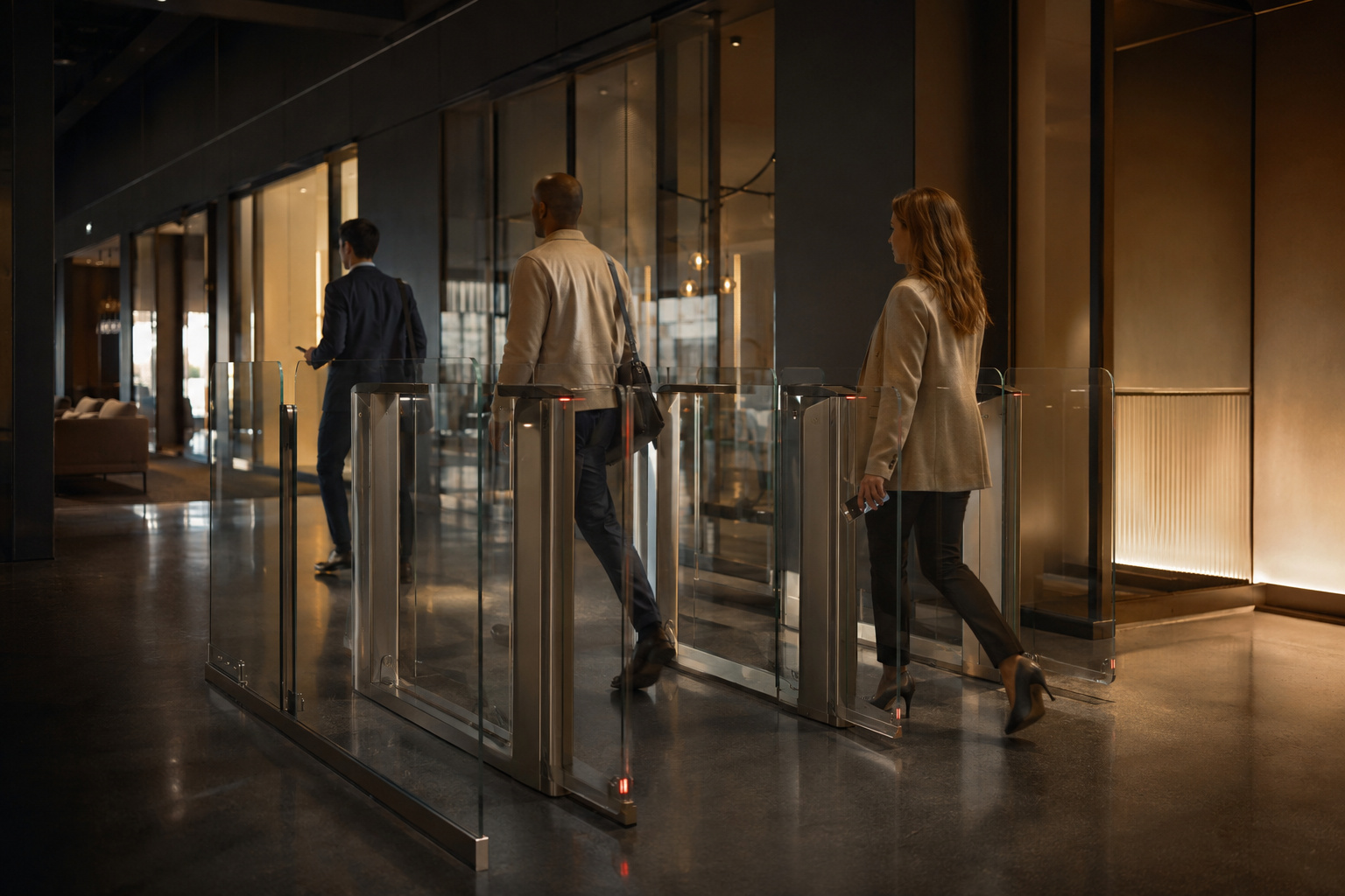 Diverse office visitors and employees walking naturally through a glass speed gate in a warmly lit corporate lobby