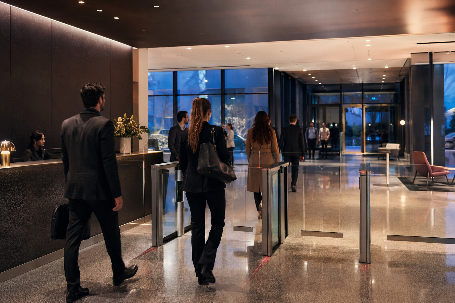 Office employees and visitors crossing a lobby