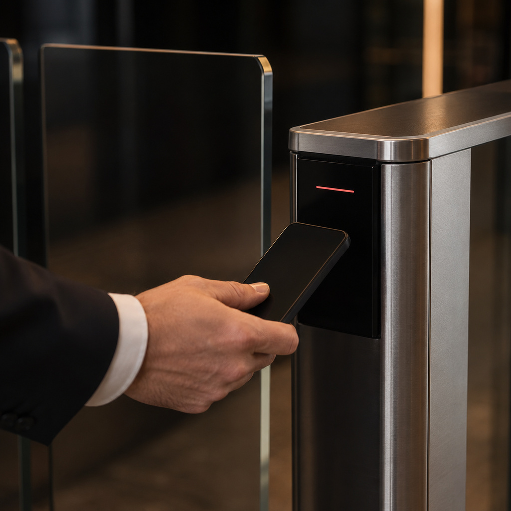 A visitor's hand tapping a badge against a reader on a glass speed gate, the panel beginning to open
